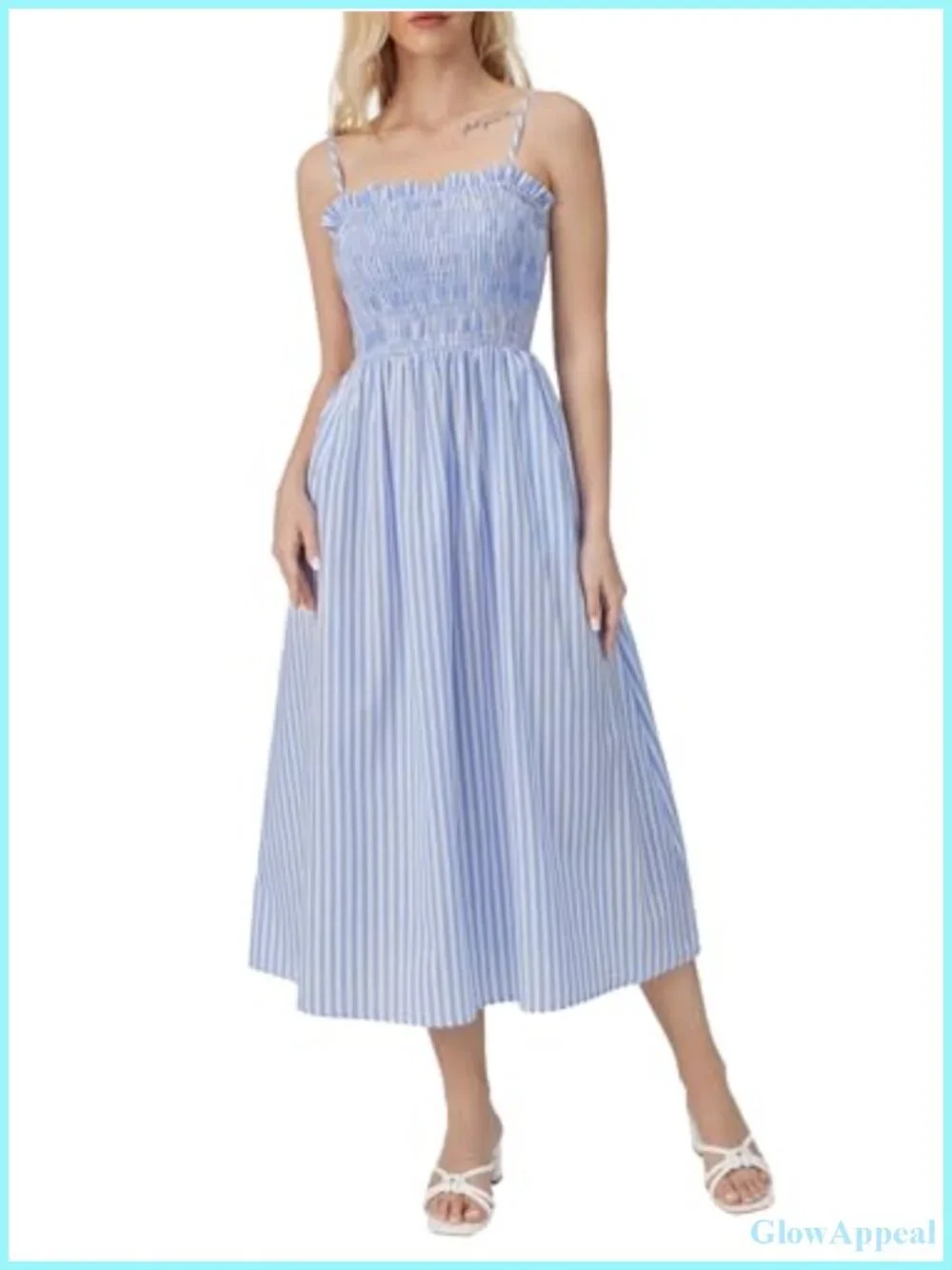 Striped Spaghetti Strap Casual A-Line Midi Beach Dress with Pockets